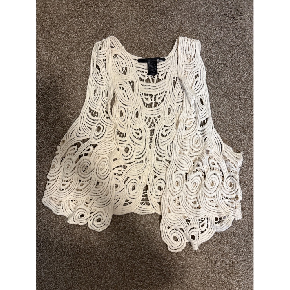 Ellison Crochet Vest Small Cream Excellent Boho Open Front Swirl Knit Cotton
